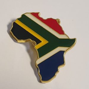 Africa-shaped metal lapel pin with the South African flag in colourful enamel and gold-tone edging